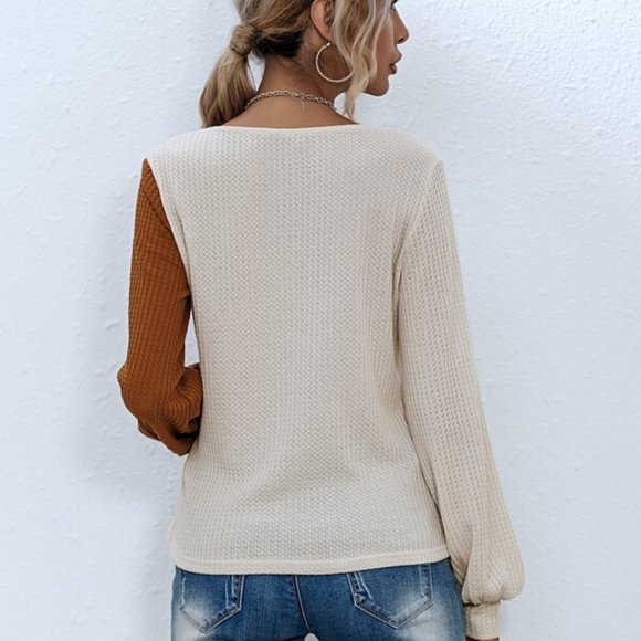 Cream Rust Waffle Knit Color Block Top Minimalist - Picture 6 of 6